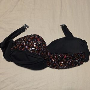 Sequin Embellished Black Bikini Top